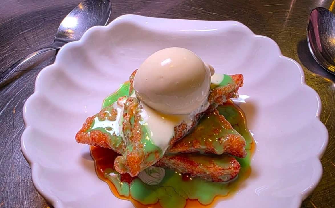 Shrimp Mousseline, Cheung Fun, Black Vinegar and Veal Bone Marrow, Coconut Milk and Garlic Chive Oil.